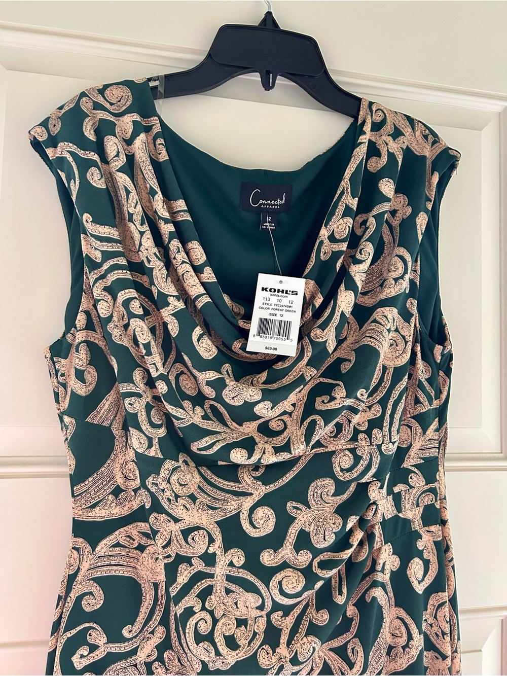 Connected Apparel Forest Green Midi Dress with Gold Scroll Print